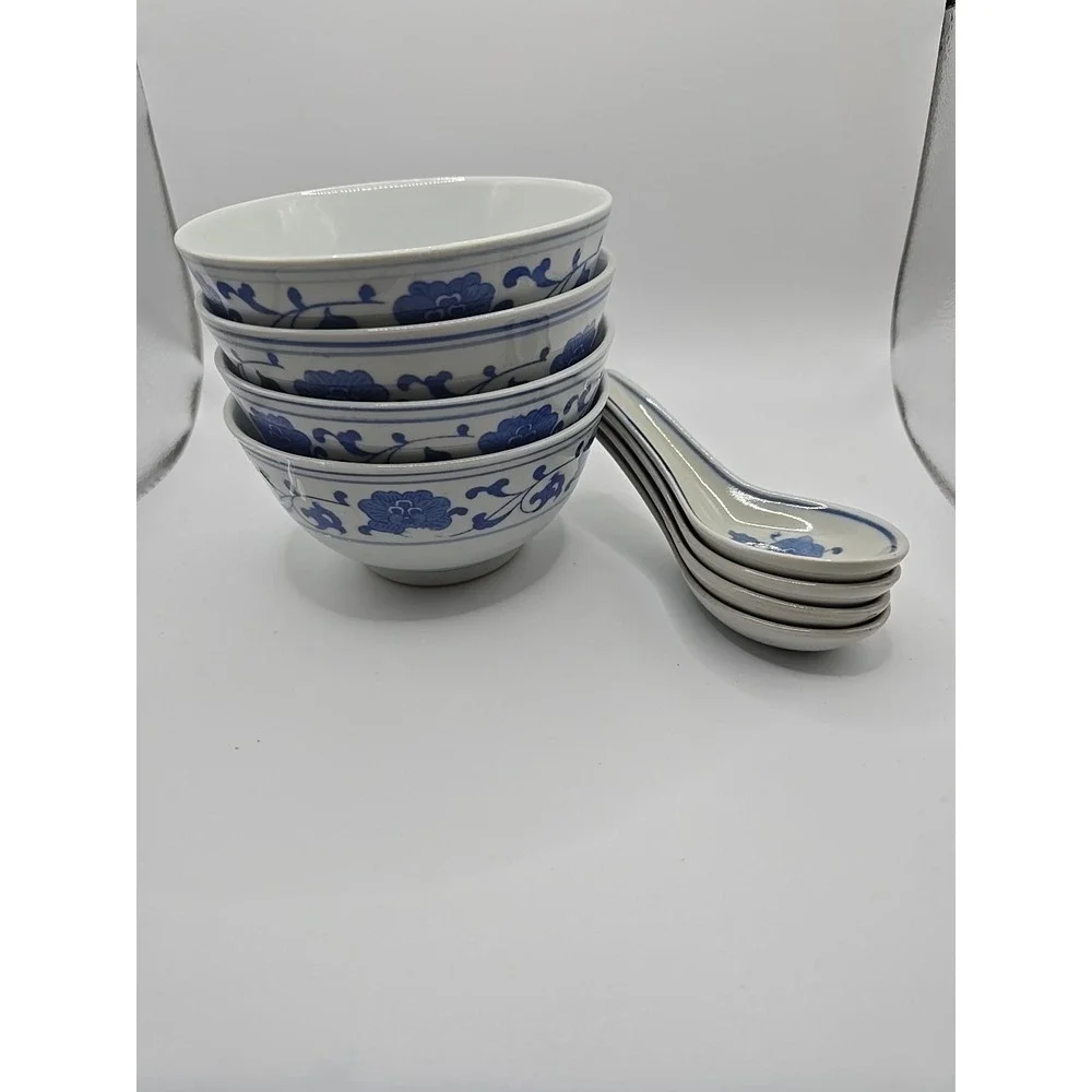 Vintage Chinese Porcelain Soup‎ Rice Bowls (4) & Spoons (4) Eye Grain Style